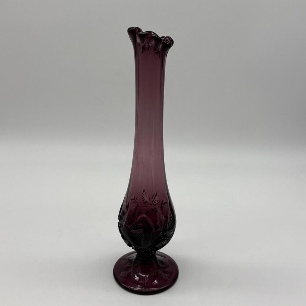 9.5” Fenton Vintage Strawberry Purple Amethyst Swung Bud Vase Glass